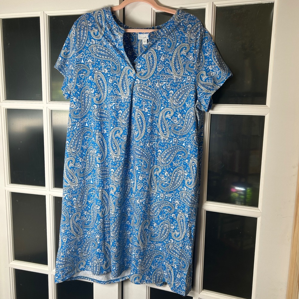 J. Jill Shift Dress Womens XL Blue Paisley Boho Mod Coastal Cotton Blend
